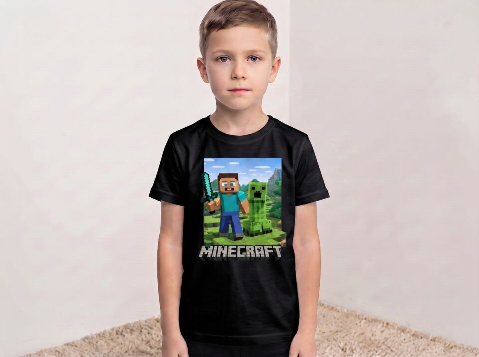 Minecraft Steve ve Creeper Baskılı Çocuk Tişörtü 4-5 Yaş - Siyah