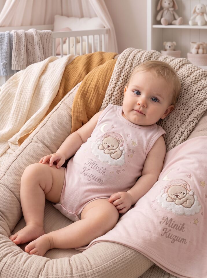 Minik Kuzum Ayıcıklı Pamuklu Bebek Body (Zıbın) Pembe - 6-9