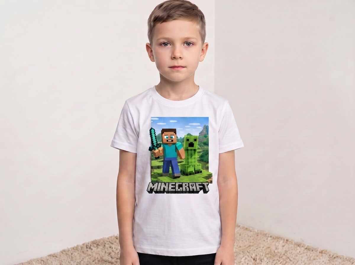 Minecraft Steve ve Creeper Baskılı Çocuk Tişörtü 3-4 Yaş - Beyaz