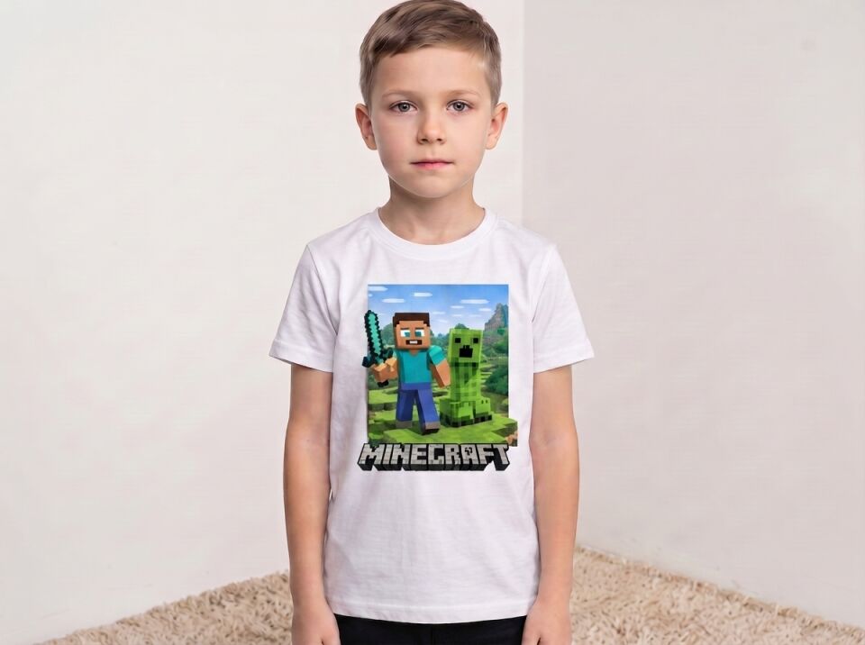 Minecraft Steve ve Creeper Baskılı Çocuk Tişörtü 4-5 Yaş - Beyaz