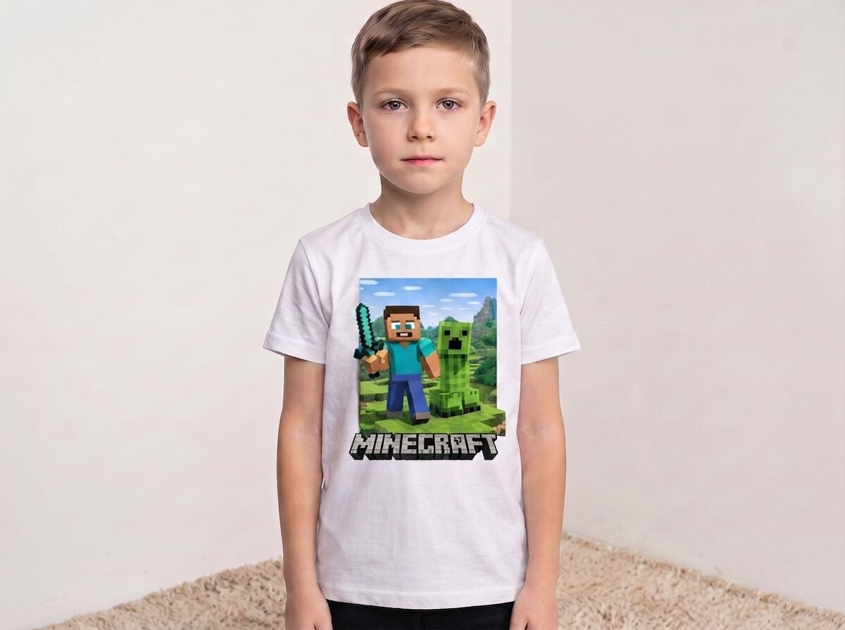Minecraft Steve ve Creeper Baskılı Çocuk Tişörtü 5-6 Yaş - Beyaz