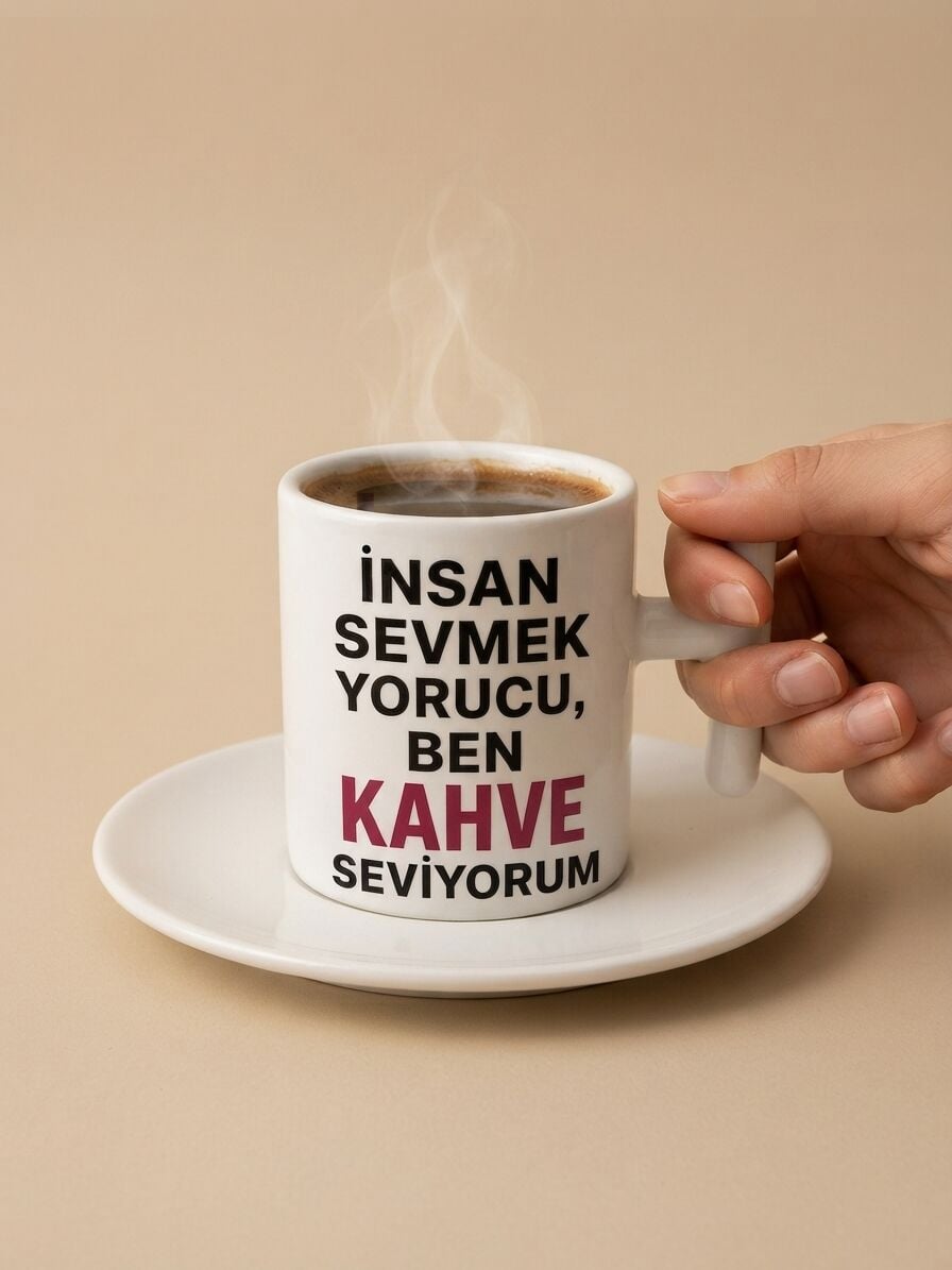 İnsan Sevmek Yorucu Ben Kahve Seviyorum Tasarım Türk Kahvesi Fincanı