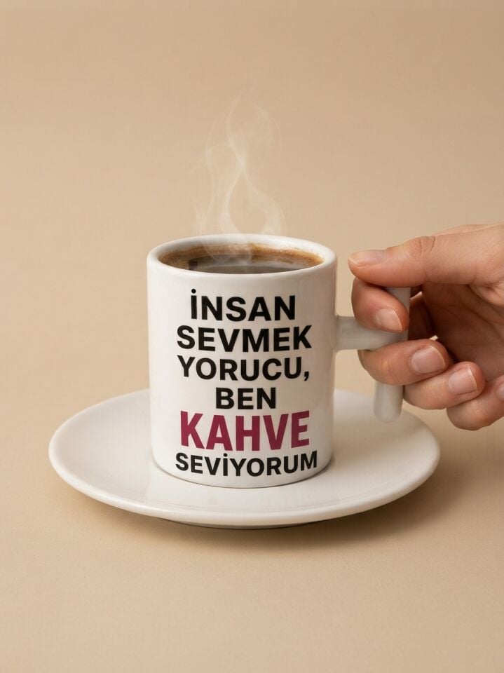 İnsan Sevmek Yorucu Ben Kahve Seviyorum Tasarım Türk Kahvesi Fincanı