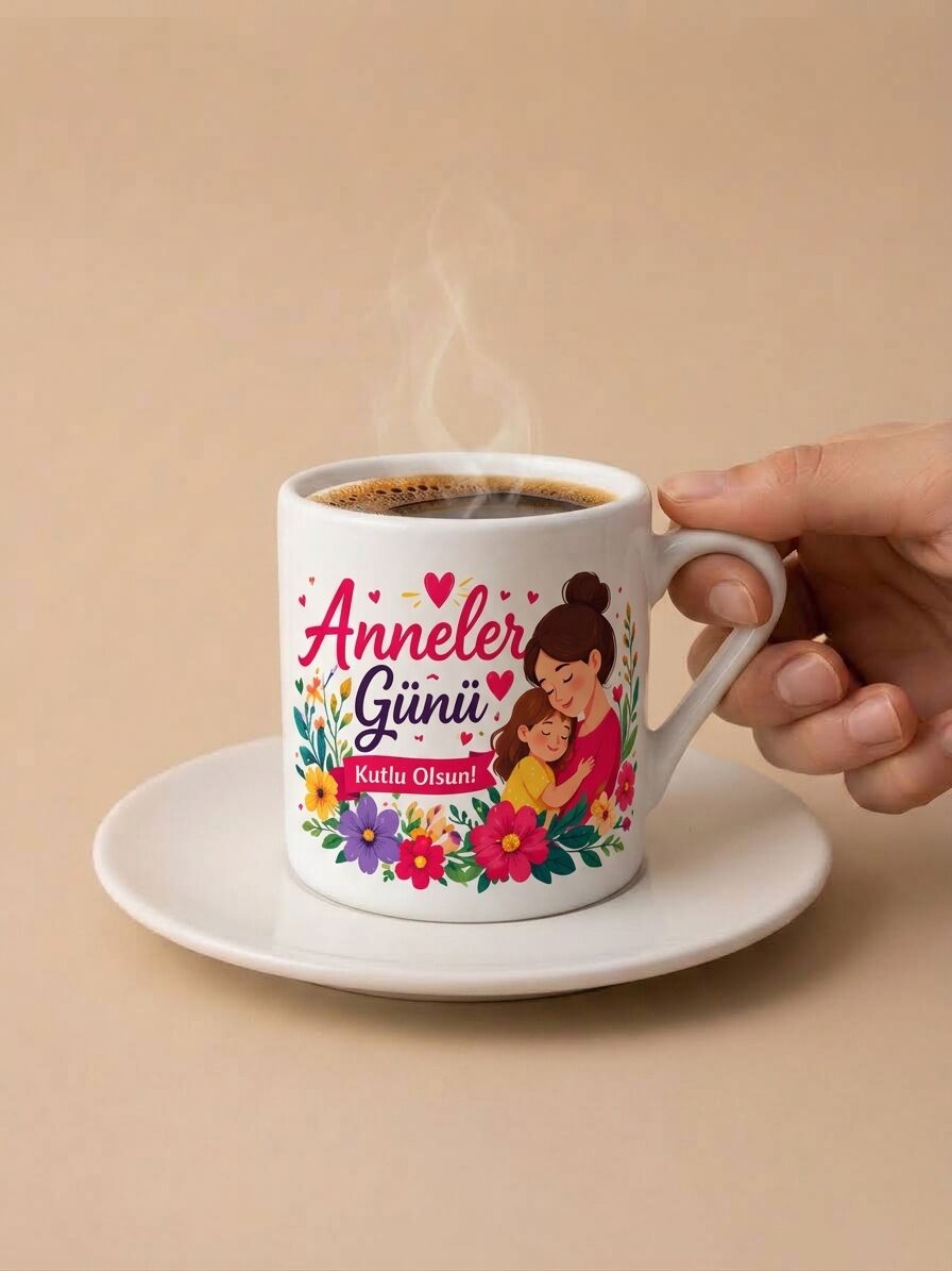 Anneler Günü Kutlu Olsun Çiçek Ve Anne-Kız İllüstrasyonlu Türk Kahvesi Fincanı