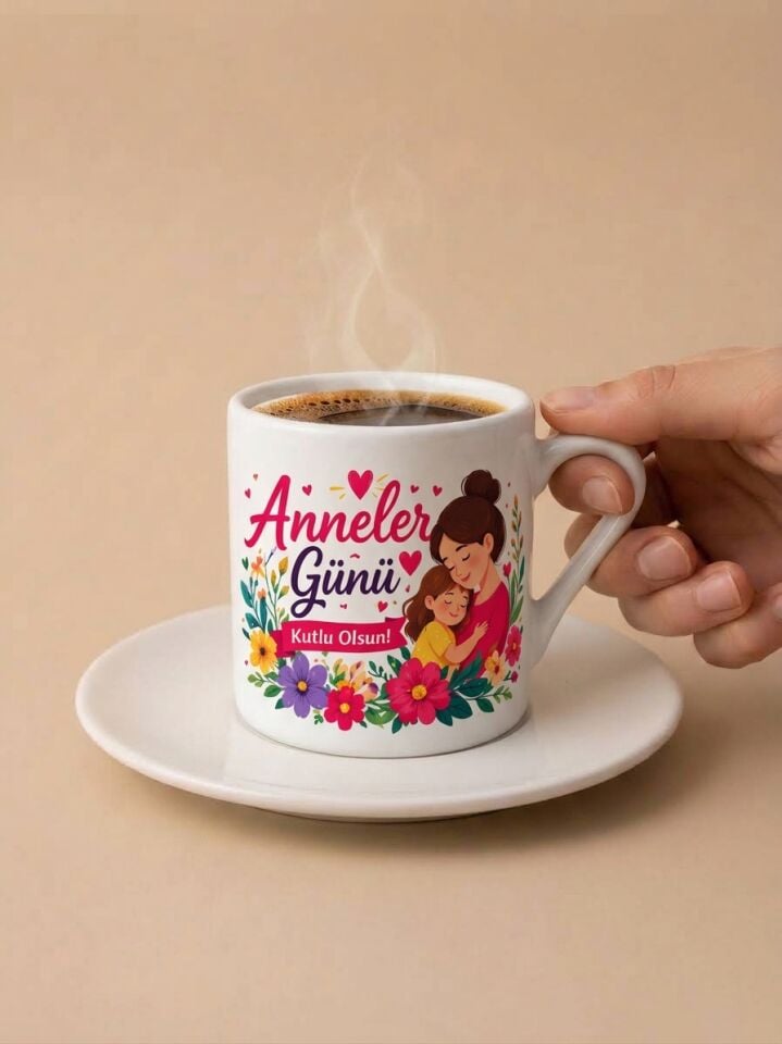 Anneler Günü Kutlu Olsun Çiçek Ve Anne-Kız İllüstrasyonlu Türk Kahvesi Fincanı