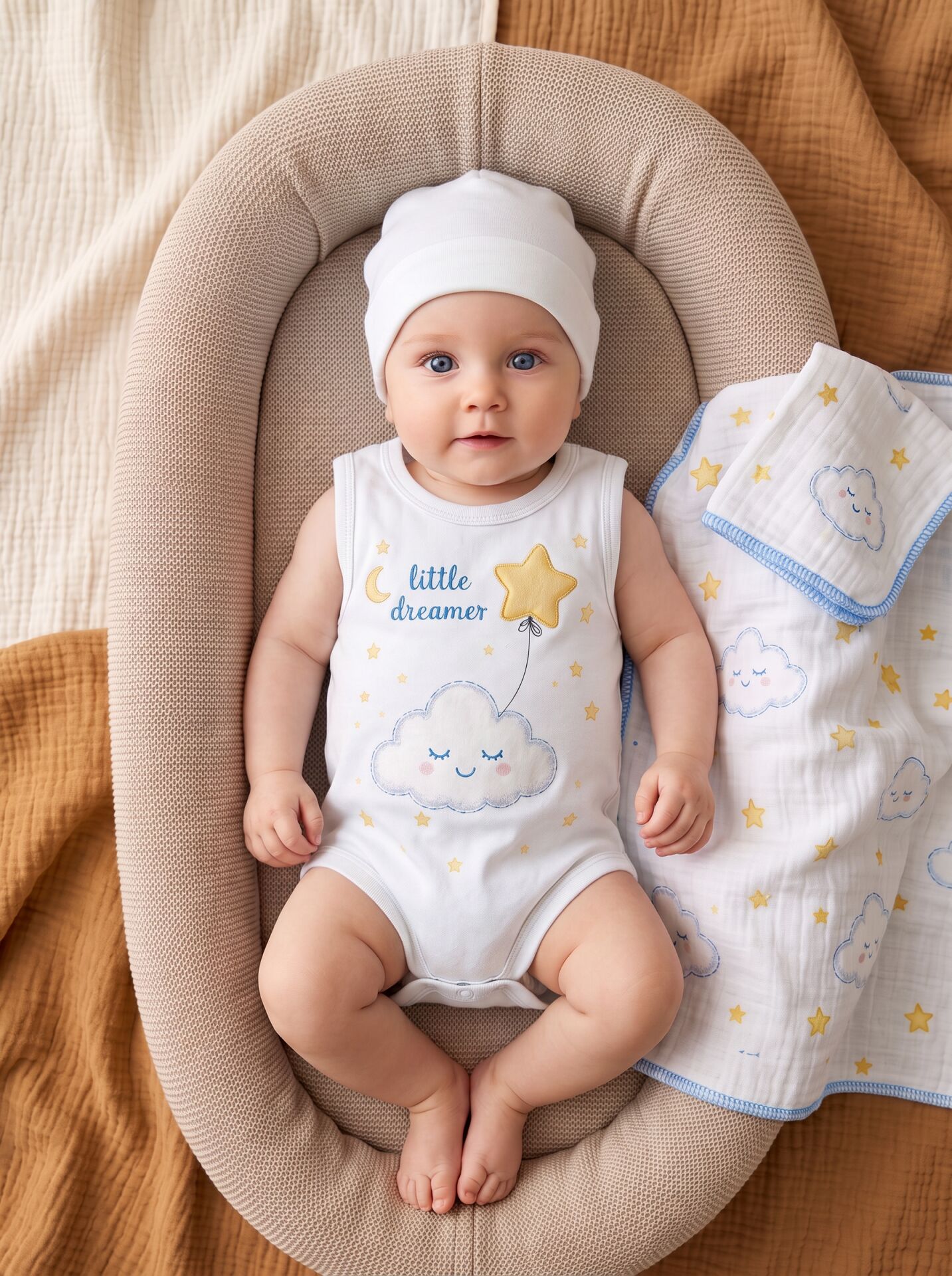 Little Dreamer Bulutlu Yıldızlı Pamuklu Bebek Body (Zıbın) Beyaz - 6-9