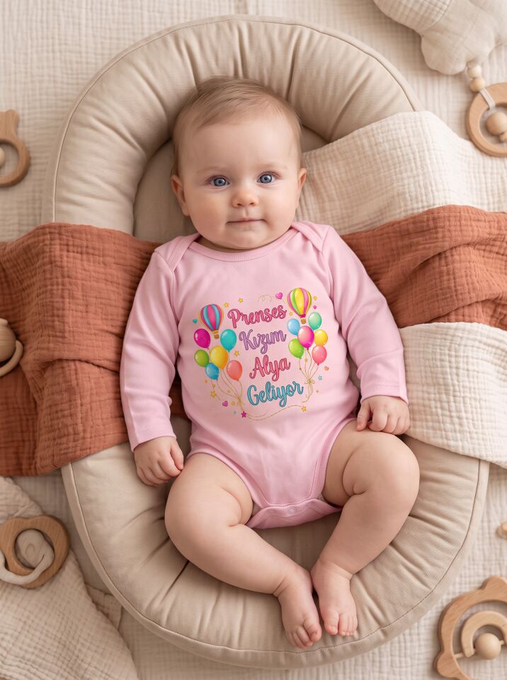 Prenses Kızım Geliyor Balon Baskılı Pamuklu Bebek Body (İsimli) Pembe - 6-9