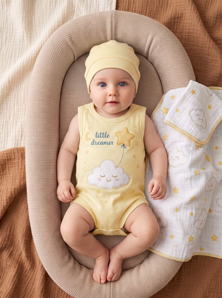 Little Dreamer Bulutlu Yıldızlı Pamuklu Bebek Body (Zıbın) Sarı - 3-6