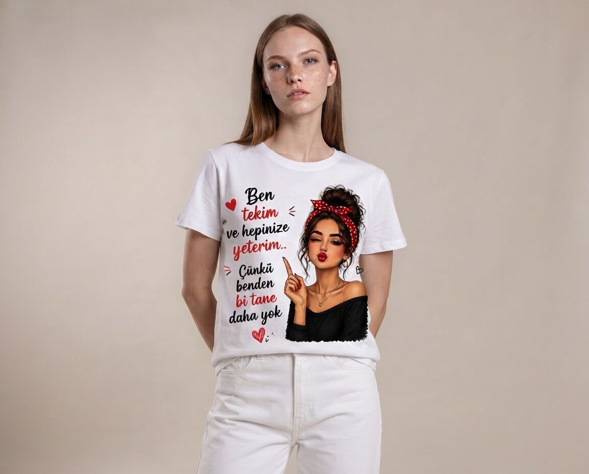''Benden Bi Tane Daha Yok'' Mottolu Illüstrasyon Baskılı Tişört XXL Beden - Beyaz