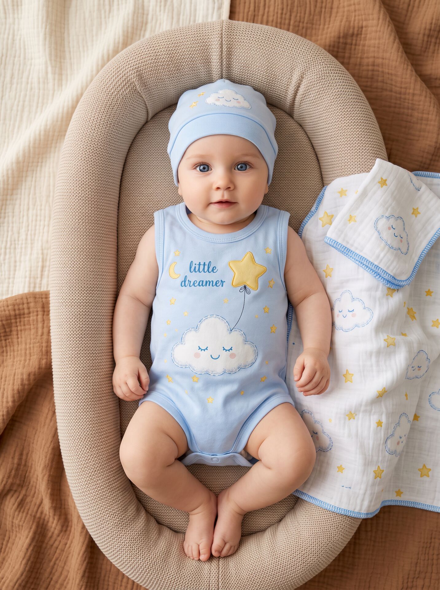 Little Dreamer Bulutlu Yıldızlı Pamuklu Bebek Body (Zıbın) Mavi - 6-9