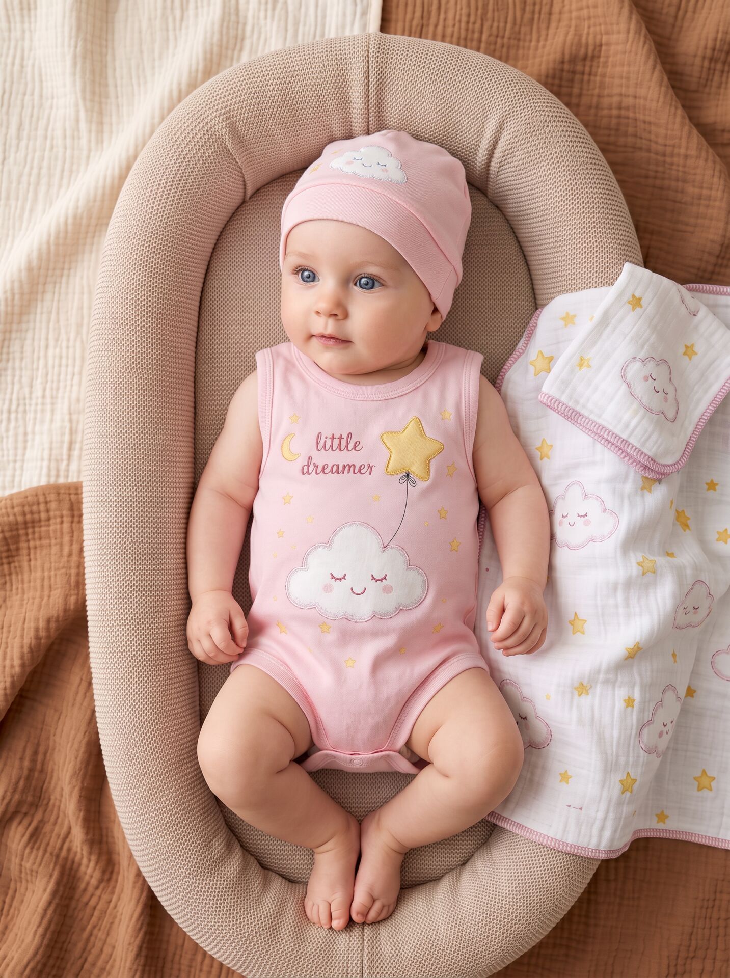 Little Dreamer Bulutlu Yıldızlı Pamuklu Bebek Body (Zıbın) Pembe - 24-30